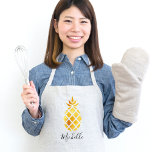 Golden tropical pineapple on white name adult apron<br><div class="desc">A modern faux gold colored tropical pineapple.  White background.  Black hand-lettered style script and template for your name or text.</div>