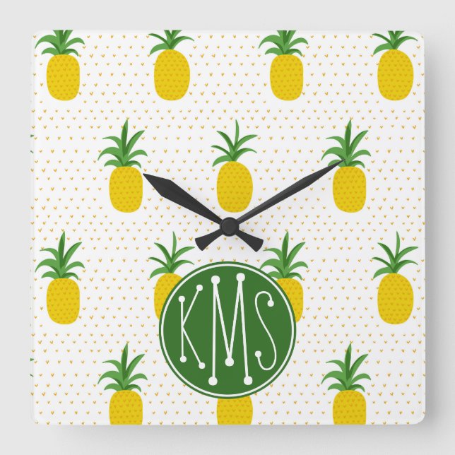 Golden Tropical Pineapples | Monogram Square Wall Clock (Front)