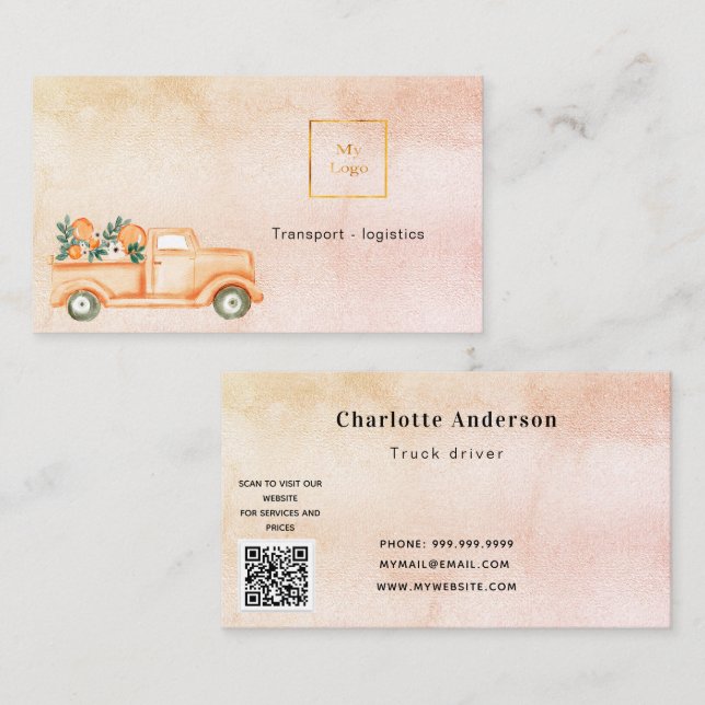 Golden truck transport service QR code  Business Card (Front/Back)
