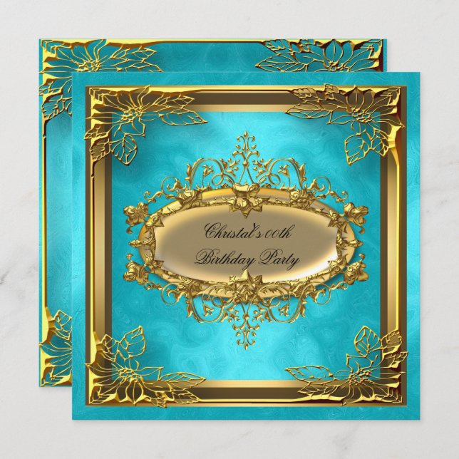 Golden Turquoise  Elite Elegant Birthday Party Invitation (Front/Back)
