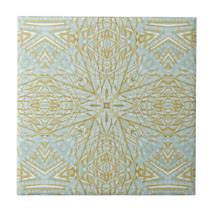 Golden turquoise teal blue green star geometric  ceramic tile