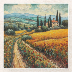 Golden Tuscany Wildflower Countryside Landscape Glass Coaster