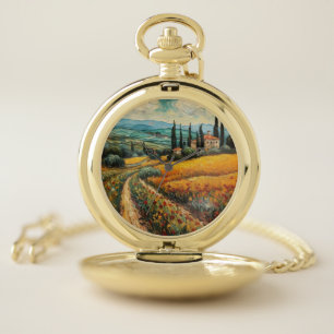 Golden Tuscany Wildflower Countryside Landscape Pocket Watch