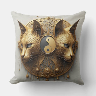 Golden Twin Cat Yin Yang Sculpture Throw Pillow
