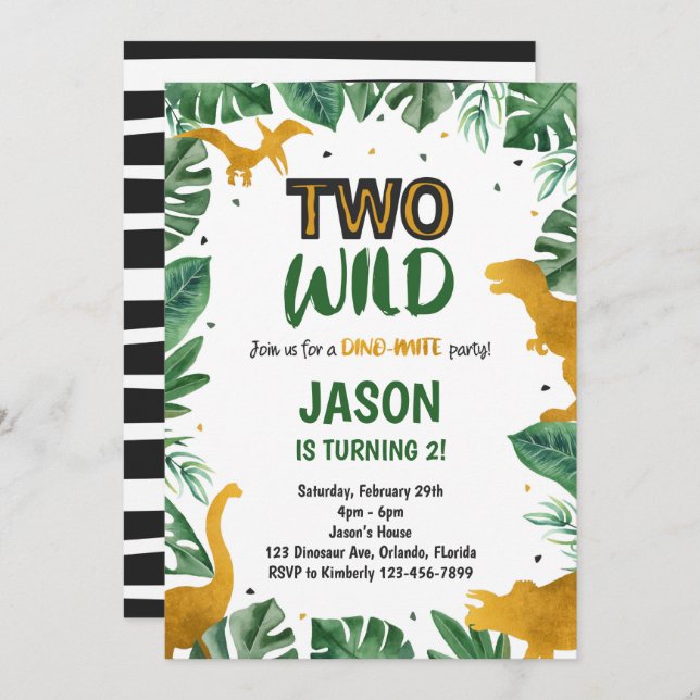 Golden Two Wild Dinosaur Invitation (Front/Back)