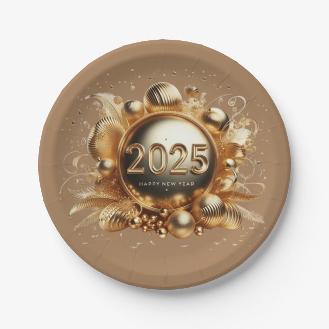Golden typography happy new year 2025 paper plates (Front)
