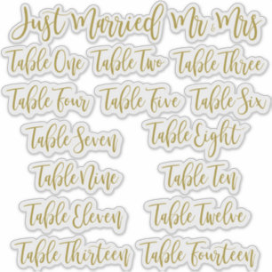 Golden Typography Just Married, Mr & Mrs and Table Sticker