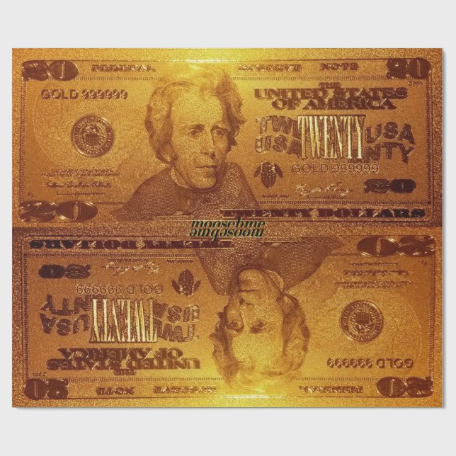 Golden U.S. Twenty Dollar Bill Reflection Wrapping Paper (Flat)