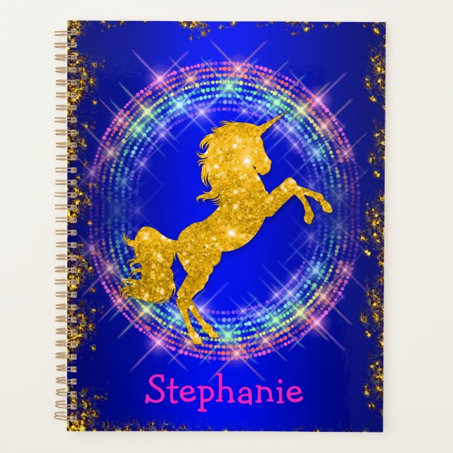 Golden Unicorn and Sparkling Rainbow Blue Planner (Front)