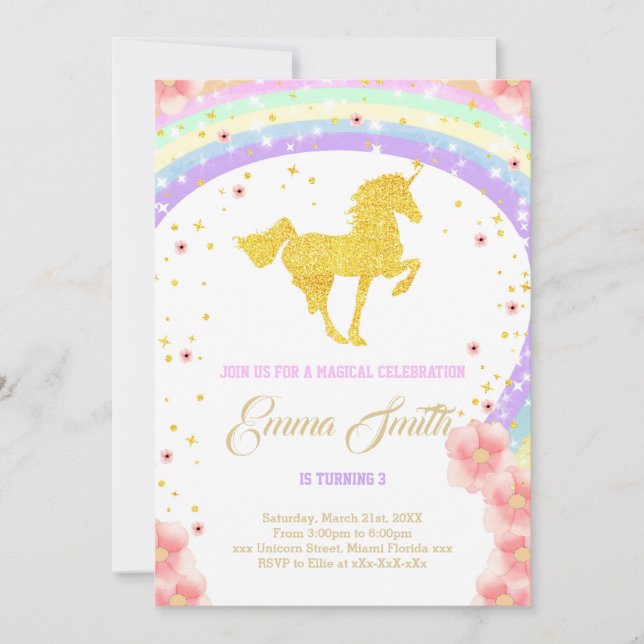 Golden unicorn birthday invitation (Front)