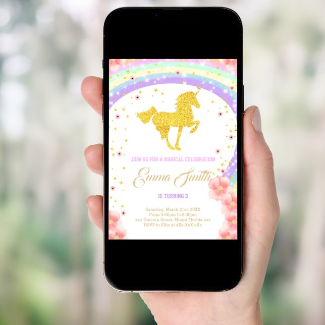 Golden unicorn birthday invitation (Front Digital)