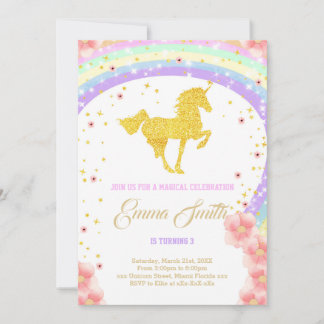 Golden unicorn birthday invitation