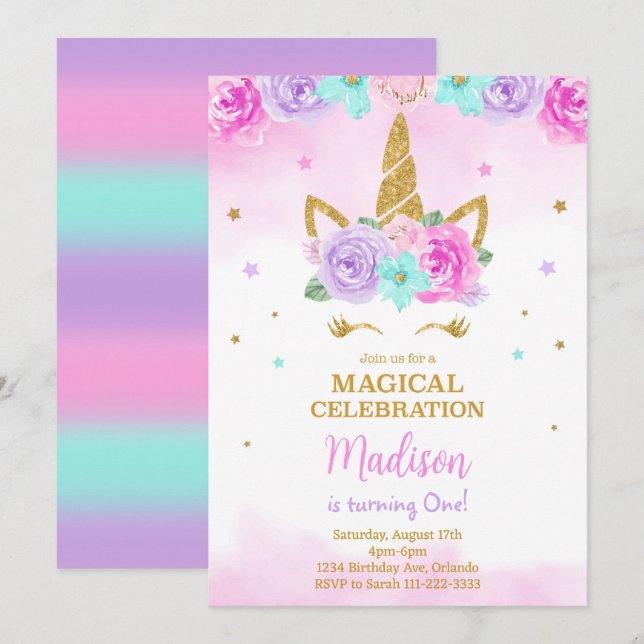 Golden Unicorn Birthday Invite (Front/Back)