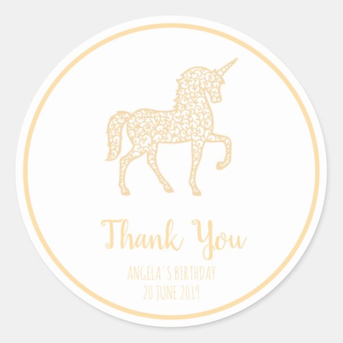 Golden Unicorn birthday party Thank You Own text Classic Round Sticker