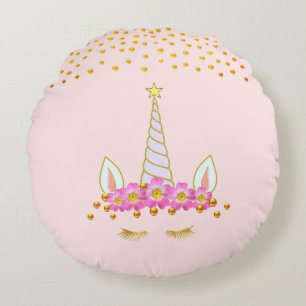 Golden Unicorn, Flowers & Gold Confetti on Pink Round Pillow