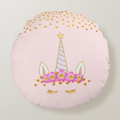 Golden Unicorn Flowers  Gold Confetti on Pink Round Pillow