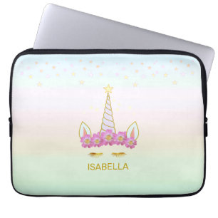 Golden unicorn, flowers & stars on pastel colors laptop sleeve