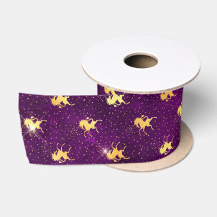 Golden Unicorn Grid Pattern on Deep Purple Satin Ribbon