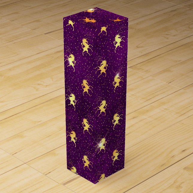 Golden Unicorn Grid Pattern on Deep Purple Wine Box (Front)
