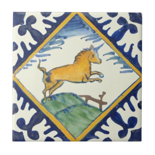 Golden Unicorn Hand Painted Early Delft Repro  Ceramic Tile