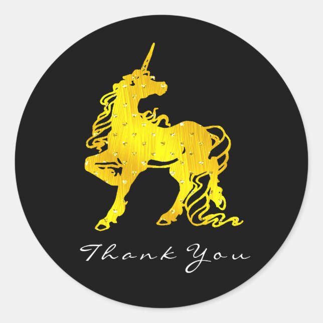 Golden Unicorn Hearts Stars Thank Crystal Black Classic Round Sticker (Front)