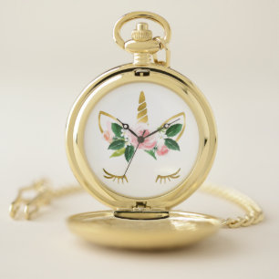 Golden Unicorn Lashes Pink floral Pocket Watch