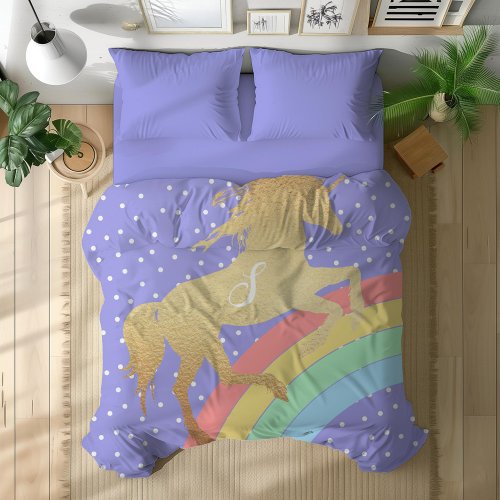 Golden Unicorn over Pastel Rainbow Custom Color Duvet Cover