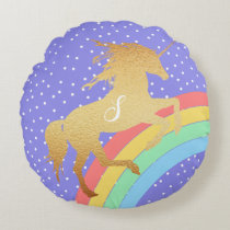 Golden Unicorn over Pastel Rainbow Custom Color Round Pillow