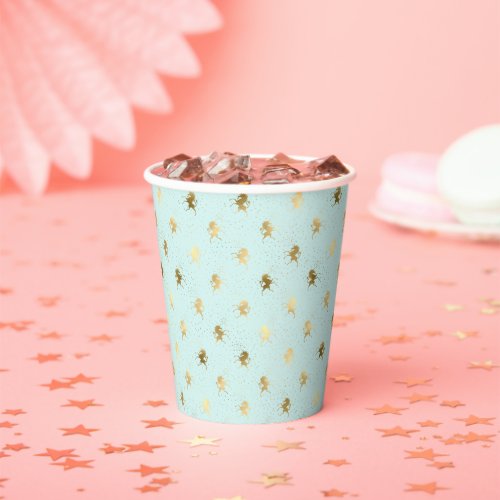 Golden Unicorn Pattern Light Teal Paper Cups