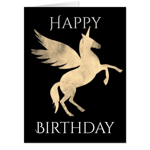 Golden unicorn Pegasus winged horse black birthday Card