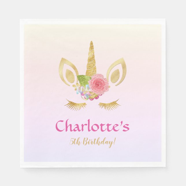 Golden Unicorn Pink Rainbow Personalized Birthday Napkins (Front)