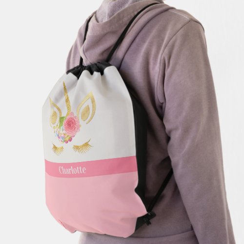 Golden Unicorn Pink Trim Personalized Drawstring Bag