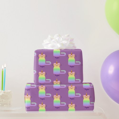 Golden Unicorn Rainbow Kitty Add a Name Wrapping Paper