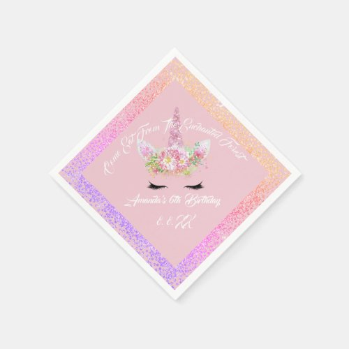 Golden Unicorn Rainbow Name Date Pink Gold Napkins