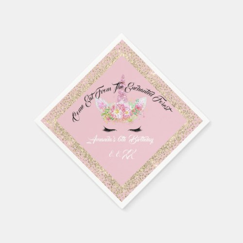 Golden Unicorn Rainbow Name Date Pink Gold Napkins