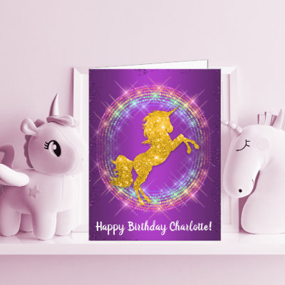 Golden Unicorn Rainbow Sparkles on Purple Birthday
