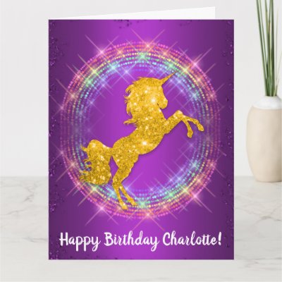 Golden Unicorn Rainbow Sparkles on Purple Birthday
