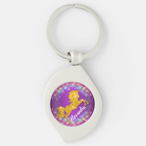 Golden Unicorn Rainbow Sparkles Purple Keychain