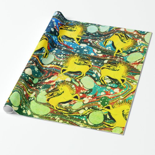 GOLDEN UNICORNSBLUE GREEN MARBLED EFFECTSCIRCLES WRAPPING PAPER