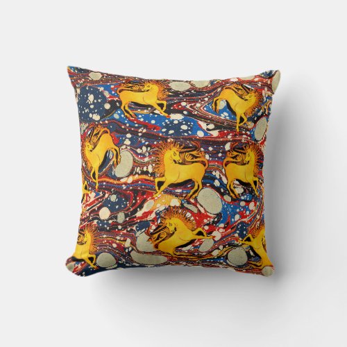 GOLDEN UNICORNS RED BLUE MARBLED EFFECTS CIRCLES THROW PILLOW