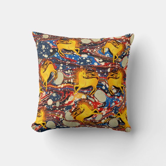 GOLDEN UNICORNS ,RED BLUE MARBLED EFFECTS ,CIRCLES THROW PILLOW (Front)