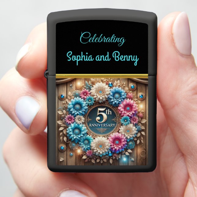 Golden Unity: 5th Anniversary Floral Delight Zippo Lighter (In Hand)