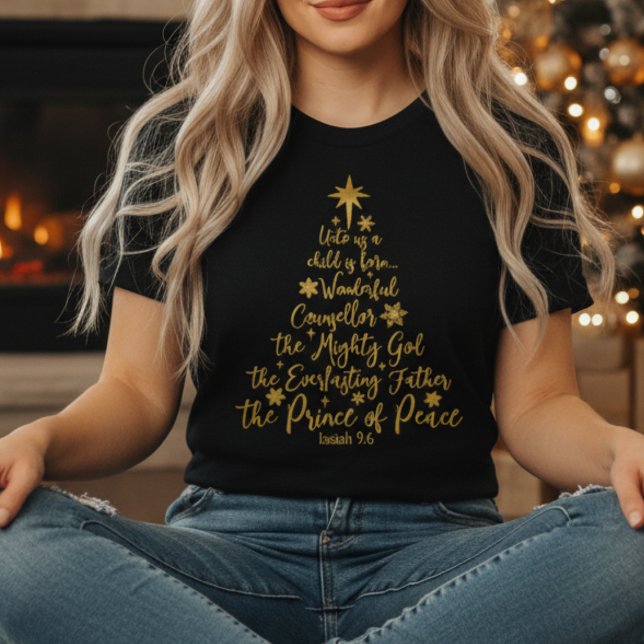 Golden “Unto Us A Child Is Born” Christmas Tree T-Shirt (Golden “Unto Us A Child Is Born” shirt — faith, scripture & Christmas joy in one design!)