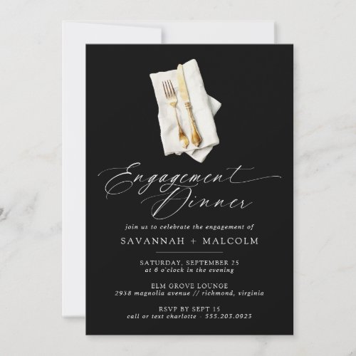 Golden Utensils  Formal Black Engagement Dinner Invitation