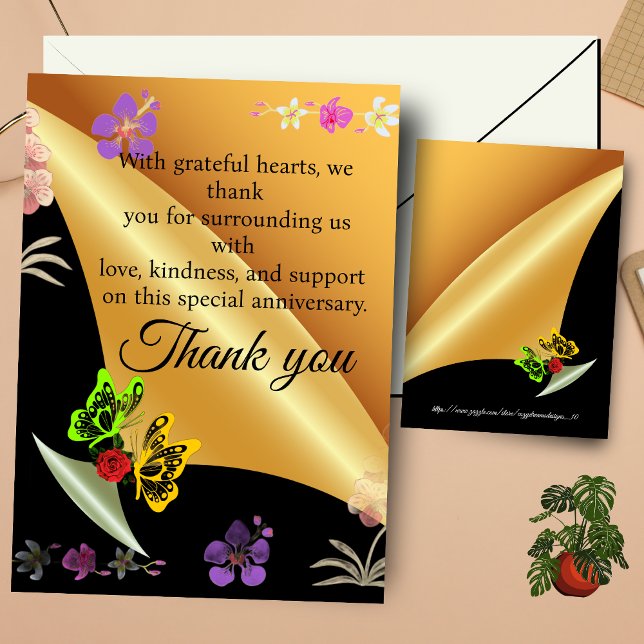 Golden V-Point Anniversary Butterflies and Roses Thank You Card (Creator Uploaded)