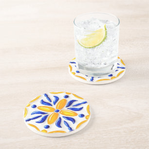 Golden Valencia Blossom Blue and Amber Floral  Coaster