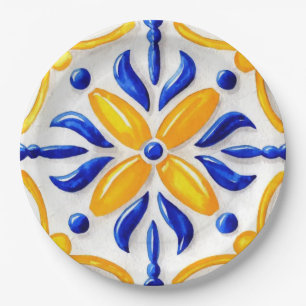 Golden Valencia Blossom Blue and Amber Floral Paper Plates