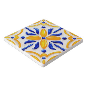 Golden Valencia Blossom Blue and Amber Floral  Trivet