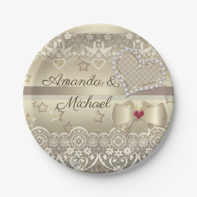 Golden Valentines Day Wedding illustration heart l Paper Plates (Front)