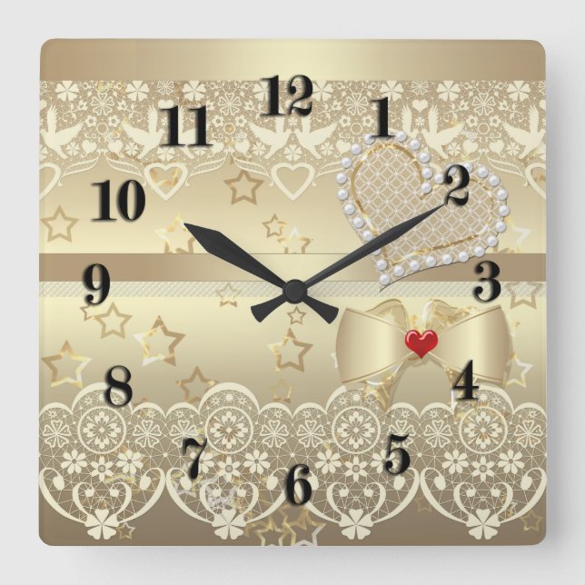 Golden Valentines Day Wedding illustration heart l Square Wall Clock (Front)